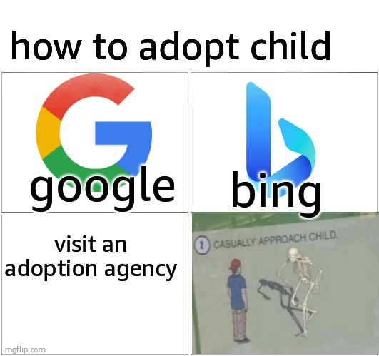 cassually  approach child | how to adopt child; google; bing; visit an adoption agency | image tagged in memes,blank comic panel 2x2 | made w/ Imgflip meme maker