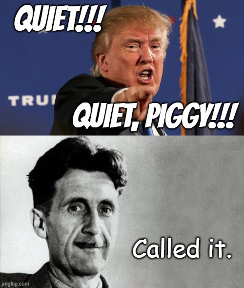 Yesterday's disturbing fiction is often today's unfortunate reality. | QUIET!!! QUIET, PIGGY!!! Called it. | image tagged in trump-angry-finger-fake-news,george orwell | made w/ Imgflip meme maker