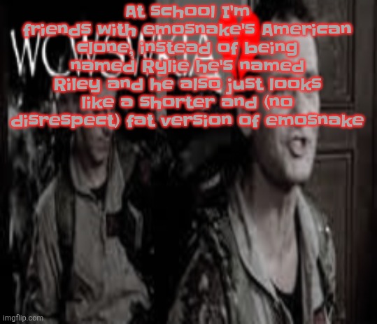 WCWSWKIA | At school I'm friends with emosnake's American clone, instead of being named Rylie he's named Riley and he also just looks like a shorter and (no disrespect) fat version of emosnake | image tagged in wcwswkia | made w/ Imgflip meme maker