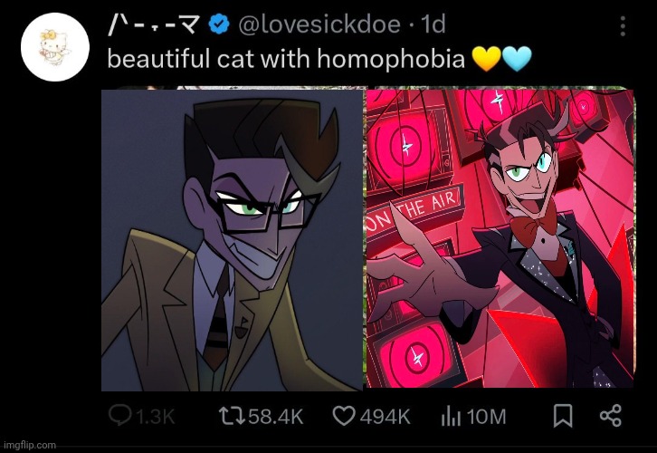 Vox's human form (revealed in hazbin Hotel season 2 episode 7 | image tagged in beautiful cat with homophobia | made w/ Imgflip meme maker