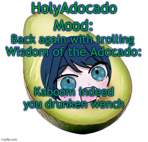 Holy Adocado! | Back again with trolling; Kaboom indeed you drunken wench | image tagged in holy adocado | made w/ Imgflip meme maker