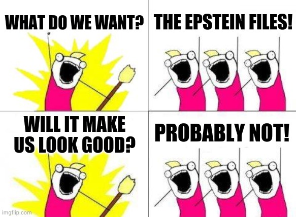 Democrats | WHAT DO WE WANT? THE EPSTEIN FILES! PROBABLY NOT! WILL IT MAKE US LOOK GOOD? | image tagged in memes,what do we want,epstein,list,maybe i am a monster,politics | made w/ Imgflip meme maker