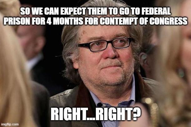 Steve bannon | SO WE CAN EXPECT THEM TO GO TO FEDERAL PRISON FOR 4 MONTHS FOR CONTEMPT OF CONGRESS RIGHT...RIGHT? | image tagged in steve bannon | made w/ Imgflip meme maker