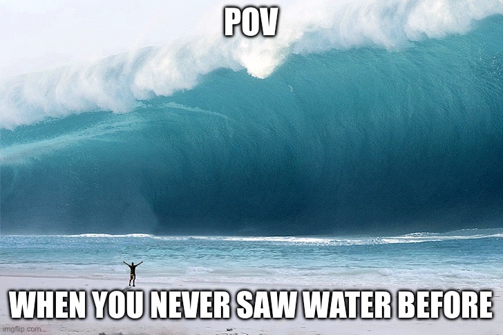 POV When you never saw water before | POV; WHEN YOU NEVER SAW WATER BEFORE | image tagged in tsunami | made w/ Imgflip meme maker