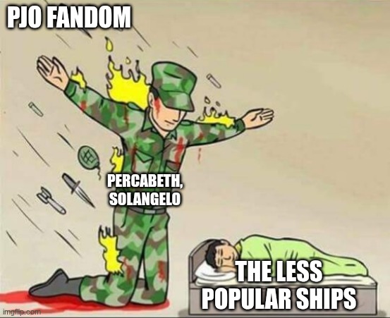 If you get the joke, laugh | PJO FANDOM; PERCABETH, SOLANGELO; THE LESS POPULAR SHIPS | image tagged in soldier protecting sleeping child | made w/ Imgflip meme maker