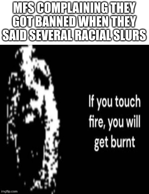 If You Touch Fire, You Will Get Burnt | MFS COMPLAINING THEY GOT BANNED WHEN THEY SAID SEVERAL RACIAL SLURS | image tagged in if you touch fire you will get burnt,stupid,racist,slur | made w/ Imgflip meme maker