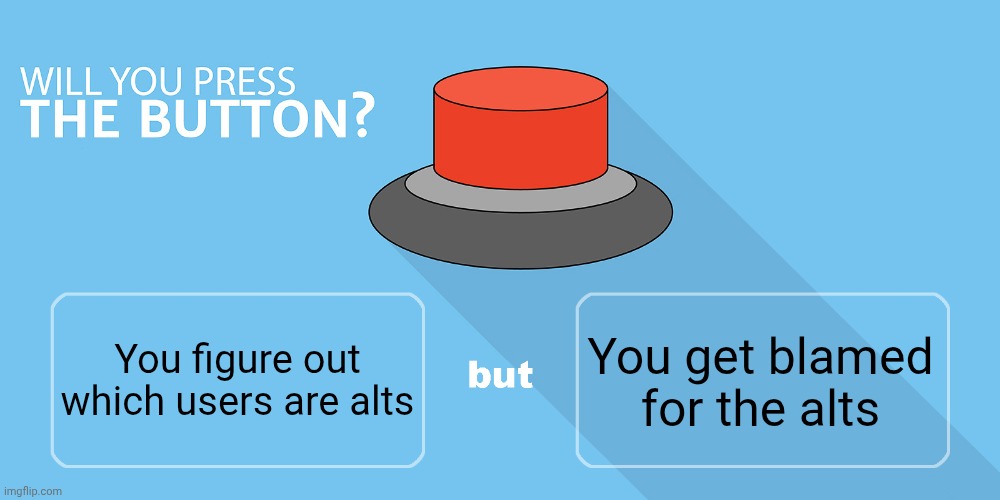 Would you press the button? | You get blamed for the alts; You figure out which users are alts | image tagged in would you press the button | made w/ Imgflip meme maker