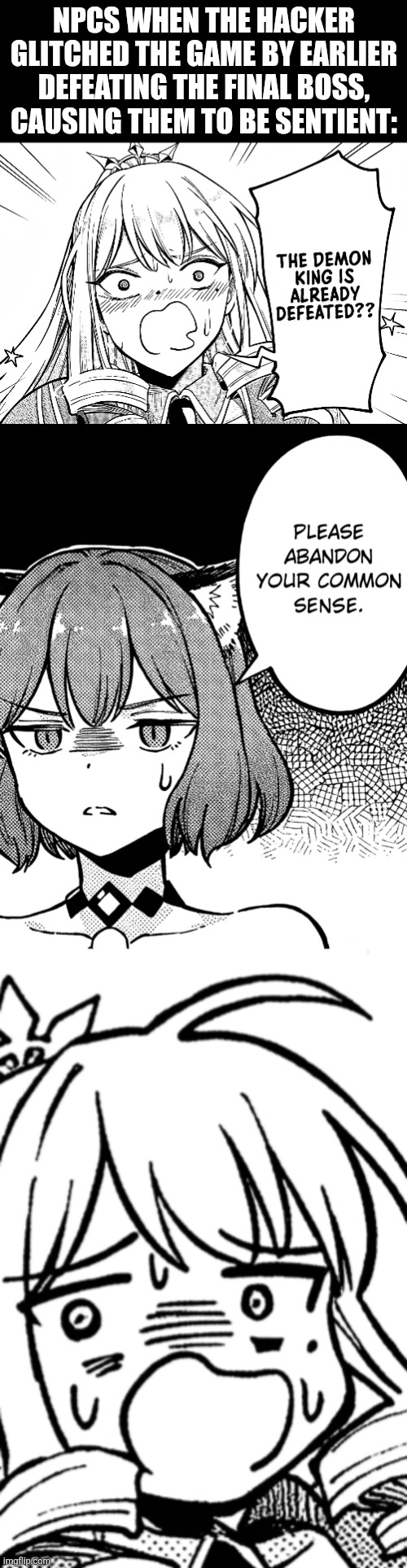 NPCS WHEN THE HACKER GLITCHED THE GAME BY EARLIER DEFEATING THE FINAL BOSS, CAUSING THEM TO BE SENTIENT: | image tagged in memes,gamer,moment | made w/ Imgflip meme maker