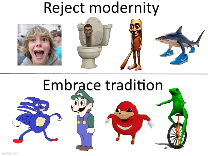 Great Meme Reset is upon us | image tagged in reject modernity embrace tradition,great meme reset,return to monke,memes,brainrot | made w/ Imgflip meme maker