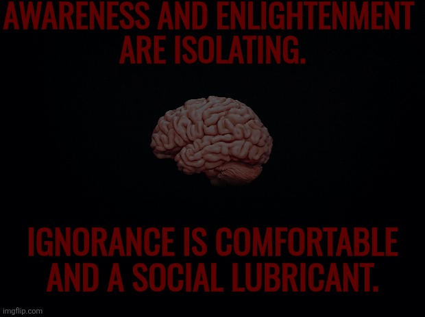 Are you lonely and miserable, or happy and blind? | AWARENESS AND ENLIGHTENMENT 
ARE ISOLATING. IGNORANCE IS COMFORTABLE AND A SOCIAL LUBRICANT. | image tagged in black background | made w/ Imgflip meme maker