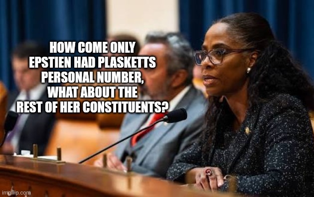 HOW COME ONLY EPSTIEN HAD PLASKETTS PERSONAL NUMBER, WHAT ABOUT THE REST OF HER CONSTITUENTS? | image tagged in funny memes | made w/ Imgflip meme maker