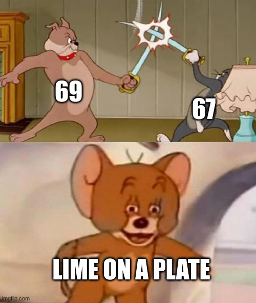 67 | 69; 67; LIME ON A PLATE | image tagged in tom and jerry swordfight | made w/ Imgflip meme maker