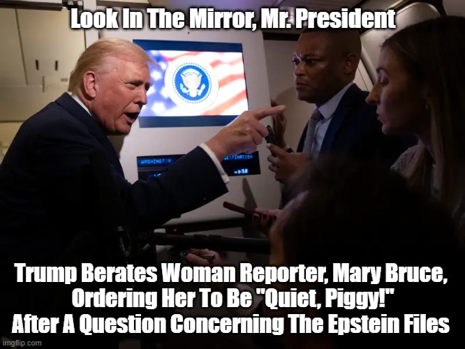 Uncivilized Vulgarian-Churl, Donald Trump Is A ..... | Look In The Mirror, Mr. President; Trump Berates Woman Reporter, Mary Bruce, 
Ordering Her To Be "Quiet, Piggy!" After A Question Concerning The Epstein Files | image tagged in trump,quiet piggy,epstein files | made w/ Imgflip meme maker