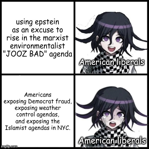 The left cant cope well enough. HAHA! | using epstein as an excuse to rise in the marxist environmentalist "JOOZ BAD" agenda; American liberals; Americans exposing Democrat fraud, exposing weather control agendas, and exposing the Islamist agendas in NYC. American liberals | image tagged in kokichi danganronpa drake hotline bling | made w/ Imgflip meme maker