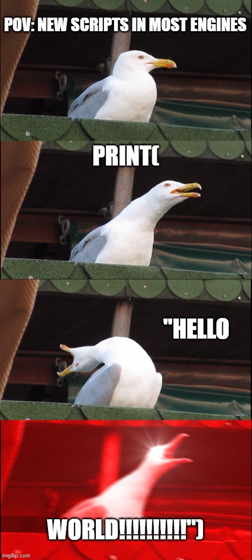 lol | POV: NEW SCRIPTS IN MOST ENGINES; PRINT(; "HELLO; WORLD!!!!!!!!!!") | image tagged in helloworld,new,coding,scripts | made w/ Imgflip meme maker