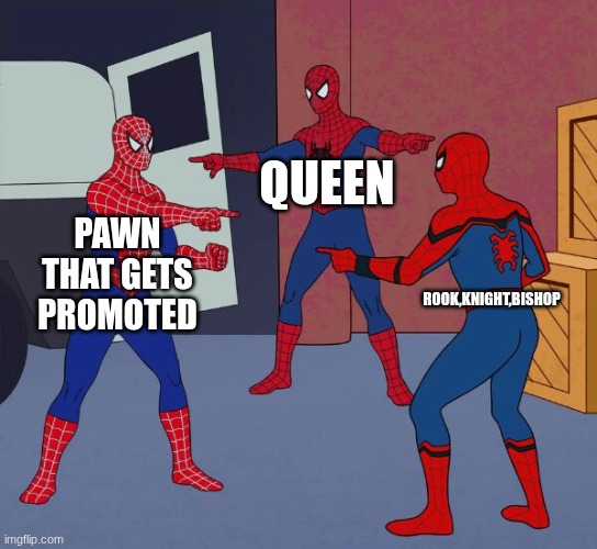 PAWN THAT GETS PROMOTED QUEEN ROOK,KNIGHT,BISHOP | image tagged in spider man triple | made w/ Imgflip meme maker