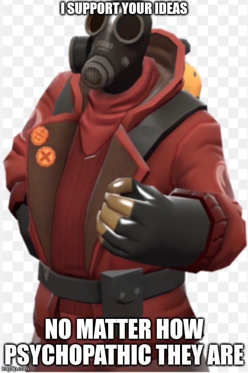 I support your ideas no matter how psychopathic they are | I SUPPORT YOUR IDEAS; NO MATTER HOW PSYCHOPATHIC THEY ARE | image tagged in tf2 pyro | made w/ Imgflip meme maker