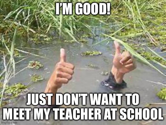 I’m good! | I’M GOOD! JUST DON’T WANT TO MEET MY TEACHER AT SCHOOL | image tagged in underwater | made w/ Imgflip meme maker