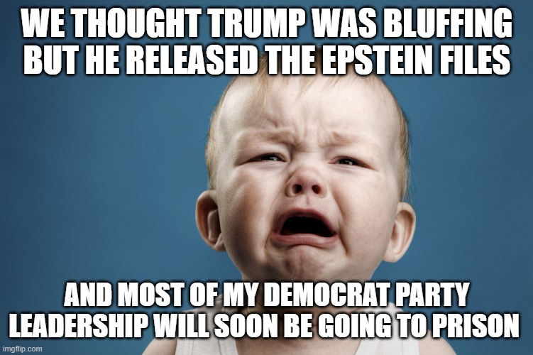 Democrat pedophiles panicking | WE THOUGHT TRUMP WAS BLUFFING BUT HE RELEASED THE EPSTEIN FILES; AND MOST OF MY DEMOCRAT PARTY LEADERSHIP WILL SOON BE GOING TO PRISON | image tagged in crying baby,pedophile democrats,epstein,groomer party,jail bound,democrat war on america | made w/ Imgflip meme maker