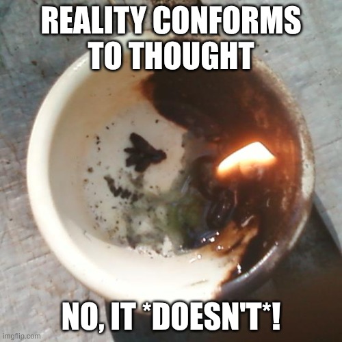 Reality Conforms to Thought | REALITY CONFORMS
TO THOUGHT; NO, IT *DOESN'T*! | image tagged in balance | made w/ Imgflip meme maker