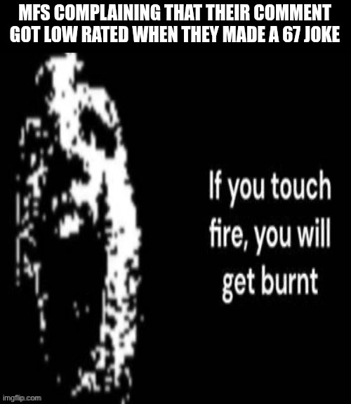 if you touch fire, you will get burnt | MFS COMPLAINING THAT THEIR COMMENT GOT LOW RATED WHEN THEY MADE A 67 JOKE | image tagged in if you touch fire you will get burnt | made w/ Imgflip meme maker