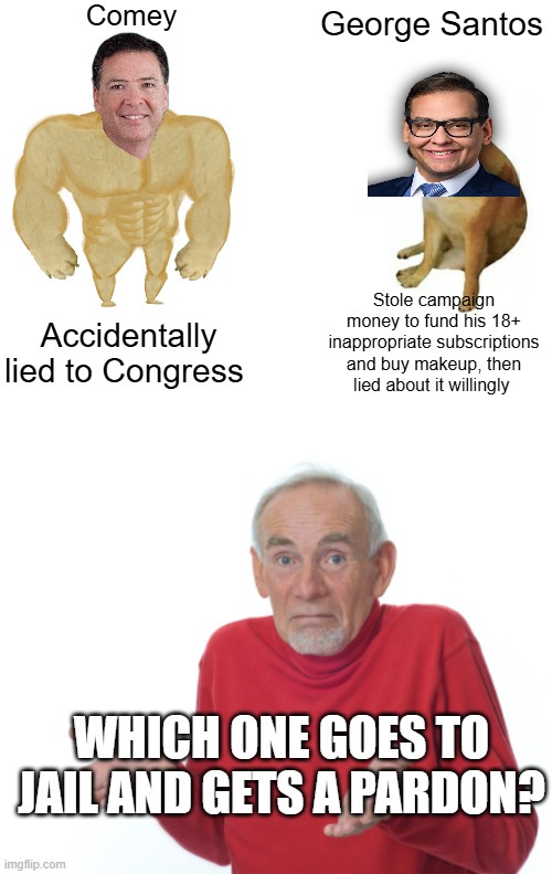 The one who supports Trump gets a pardon | Comey; George Santos; Stole campaign money to fund his 18+ inappropriate subscriptions and buy makeup, then lied about it willingly; Accidentally lied to Congress; WHICH ONE GOES TO JAIL AND GETS A PARDON? | image tagged in memes,buff doge vs cheems,guess i'll die | made w/ Imgflip meme maker