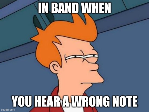 Futurama Fry | IN BAND WHEN; YOU HEAR A WRONG NOTE | image tagged in memes,futurama fry | made w/ Imgflip meme maker