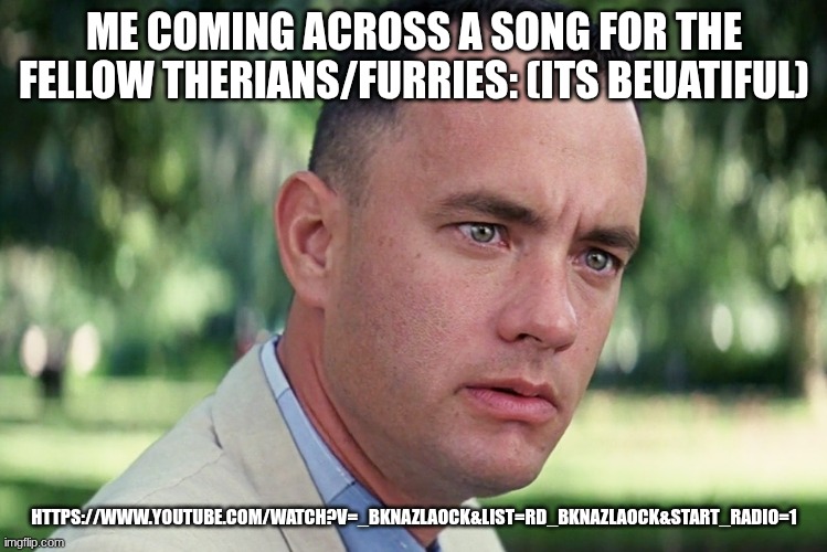 And Just Like That | ME COMING ACROSS A SONG FOR THE FELLOW THERIANS/FURRIES: (ITS BEUATIFUL); HTTPS://WWW.YOUTUBE.COM/WATCH?V=_BKNAZLAOCK&LIST=RD_BKNAZLAOCK&START_RADIO=1 | image tagged in memes,and just like that | made w/ Imgflip meme maker