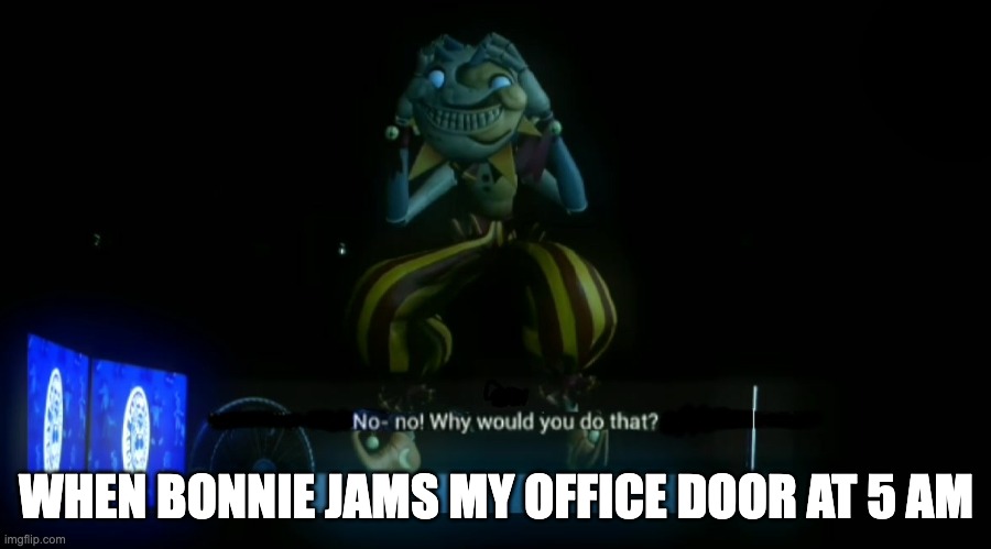 Why would you do that? | WHEN BONNIE JAMS MY OFFICE DOOR AT 5 AM | image tagged in why would you do that | made w/ Imgflip meme maker