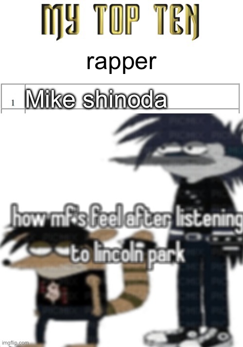 Top ten list better | rapper; Mike shinoda | image tagged in top ten list better | made w/ Imgflip meme maker