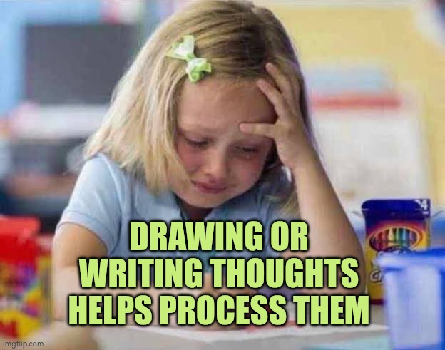 Drawing or writing thoughts helps process them | DRAWING OR WRITING THOUGHTS HELPS PROCESS THEM | image tagged in stress,wellbeing,aurtism,thoughts,writing,drawing | made w/ Imgflip meme maker