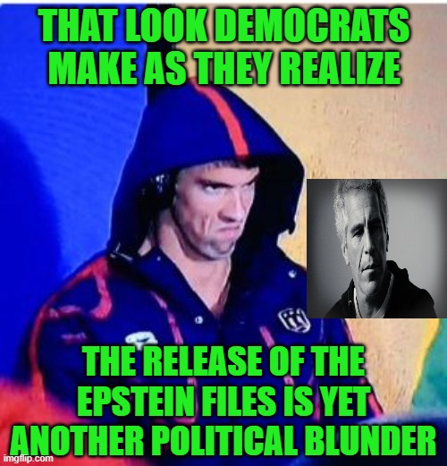 Epstein Files Fiasco | THAT LOOK DEMOCRATS MAKE AS THEY REALIZE; THE RELEASE OF THE EPSTEIN FILES IS YET ANOTHER POLITICAL BLUNDER | image tagged in michael phelps death stare,jeffrey epstein,epstein,epstein files,democrats | made w/ Imgflip meme maker