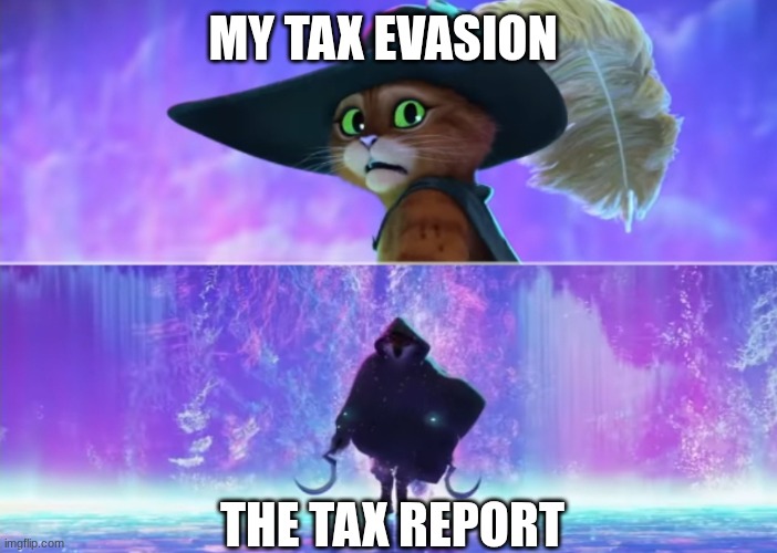 I may or may not tax evade | MY TAX EVASION; THE TAX REPORT | image tagged in puss and boots scared | made w/ Imgflip meme maker