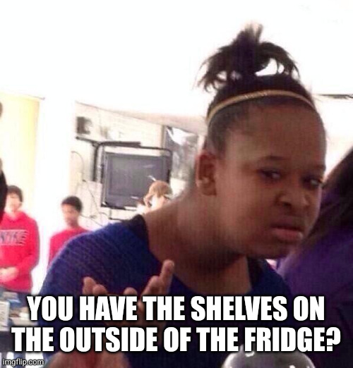 Black Girl Wat Meme | YOU HAVE THE SHELVES ON THE OUTSIDE OF THE FRIDGE? | image tagged in memes,black girl wat | made w/ Imgflip meme maker