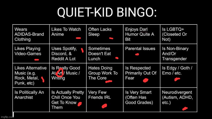 :P | image tagged in quiet kid bingo | made w/ Imgflip meme maker