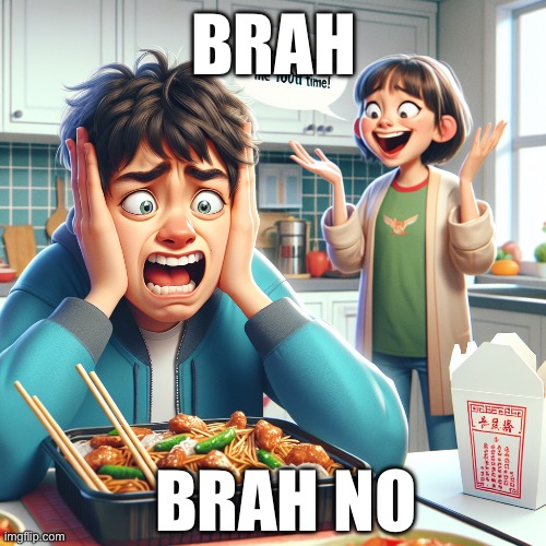 me when my sister says i want to eat chinese food for the 100th | BRAH; BRAH NO | image tagged in me when my sister says i want to eat chinese food for the 100th | made w/ Imgflip meme maker