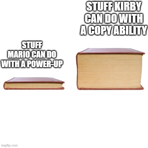 mario kirby and sonic are goated and will never stop being goated | STUFF KIRBY CAN DO WITH A COPY ABILITY; STUFF MARIO CAN DO WITH A POWER-UP | image tagged in small big book,memes,funny,mario,kirby,nintendo | made w/ Imgflip meme maker
