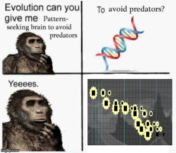 Evolution can you give me pattern seeking brain to avoid predato | image tagged in evolution can you give me pattern seeking brain to avoid predato | made w/ Imgflip meme maker