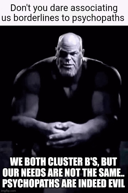 Thanos ip grabber (blank) | Don't you dare associating us borderlines to psychopaths; WE BOTH CLUSTER B'S, BUT OUR NEEDS ARE NOT THE SAME.. PSYCHOPATHS ARE INDEED EVIL | image tagged in thanos ip grabber blank | made w/ Imgflip meme maker