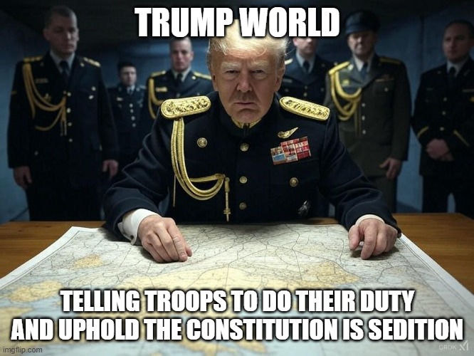 trump military | TRUMP WORLD; TELLING TROOPS TO DO THEIR DUTY AND UPHOLD THE CONSTITUTION IS SEDITION | image tagged in war trump military dictator warmonger evil,trump world,sedition | made w/ Imgflip meme maker