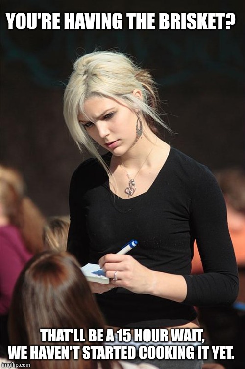 If the government ran a restaurant | YOU'RE HAVING THE BRISKET? THAT'LL BE A 15 HOUR WAIT, WE HAVEN'T STARTED COOKING IT YET. | image tagged in angry waitress | made w/ Imgflip meme maker