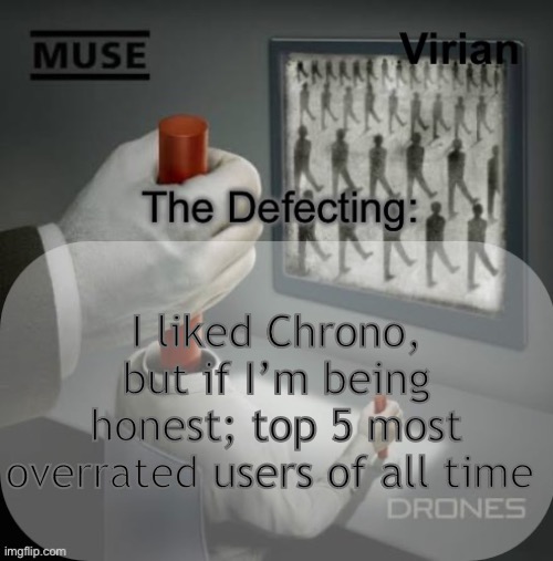 Virian Drones temp | I liked Chrono, but if I’m being honest; top 5 most overrated users of all time | image tagged in virian drones temp | made w/ Imgflip meme maker