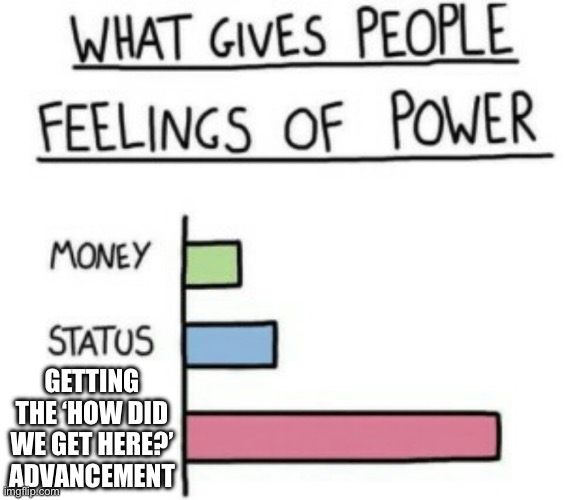 no creative title here | GETTING THE ‘HOW DID WE GET HERE?’ ADVANCEMENT | image tagged in what gives people feelings of power | made w/ Imgflip meme maker