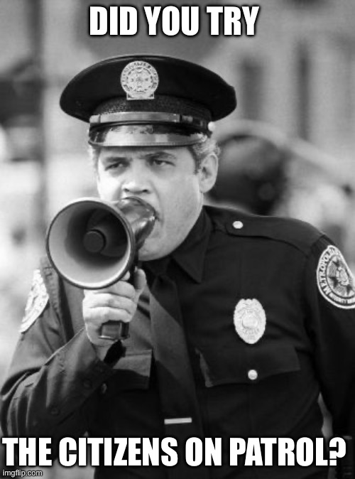 C.O.P. | DID YOU TRY; THE CITIZENS ON PATROL? | image tagged in police academy | made w/ Imgflip meme maker