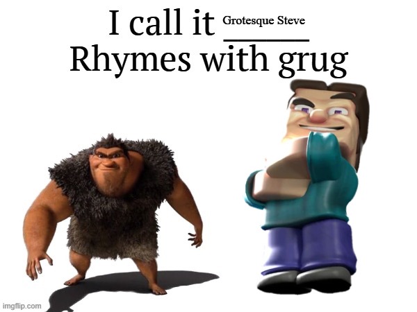 he is based | Grotesque Steve | image tagged in i call it ____ right font,minecraft steve,based,steve | made w/ Imgflip meme maker