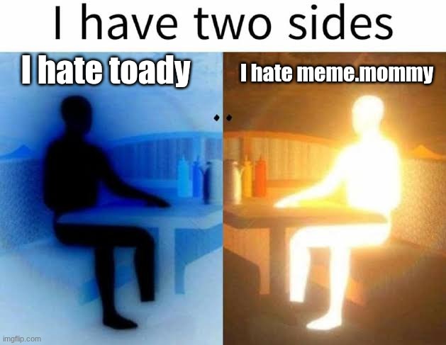 I have two sides | I hate toady; I hate meme.mommy | image tagged in i have two sides | made w/ Imgflip meme maker