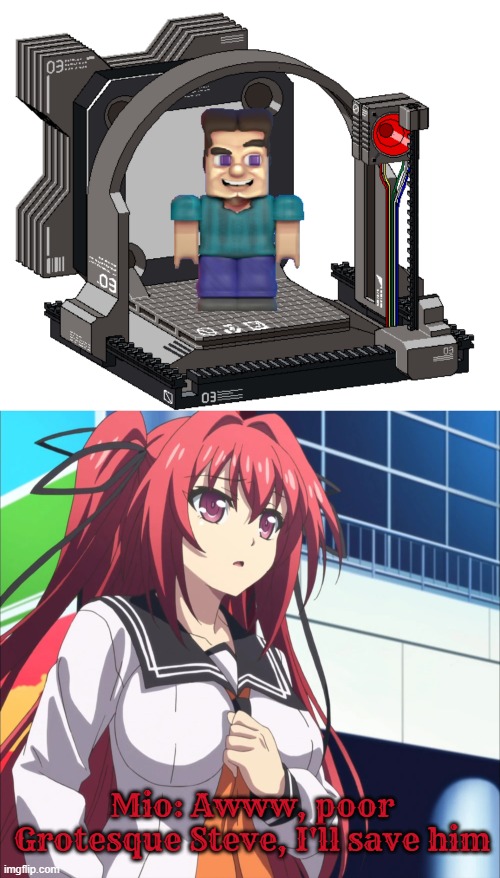 mio naruse saves grotesque steve (pro grotesque steve meme 1) | Mio: Awww, poor Grotesque Steve, I'll save him | image tagged in demon,shinmai maou no testament,minecraft steve,grotesque steve | made w/ Imgflip meme maker