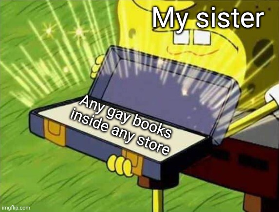Yeah that is a rare find | My sister; Any gay books inside any store | image tagged in spongebob box | made w/ Imgflip meme maker