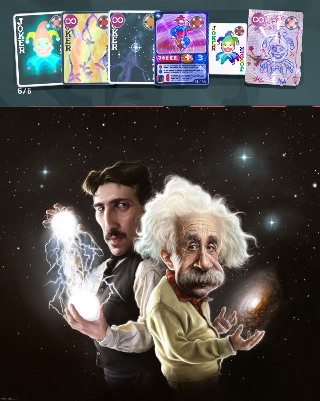 Somehow I was able to pull off an erosion & hologram build (orange stake) | image tagged in nikola tesla albert einstein | made w/ Imgflip meme maker