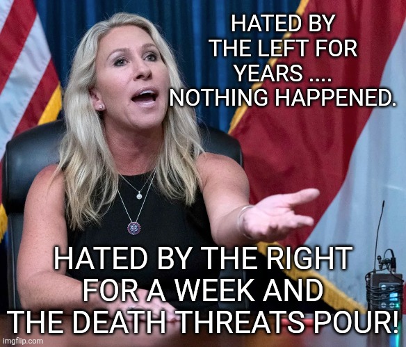 Who is the sick one! | HATED BY THE LEFT FOR YEARS .... NOTHING HAPPENED. HATED BY THE RIGHT FOR A WEEK AND THE DEATH THREATS POUR! | image tagged in donald trump,trump,maga,mtg,nevertrump,republican | made w/ Imgflip meme maker